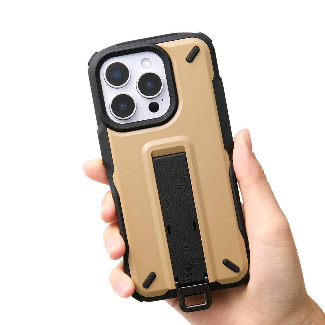 beige rugged bumper iphone 16 pro case and one snap stand mount | NESTOUT Phone Case
