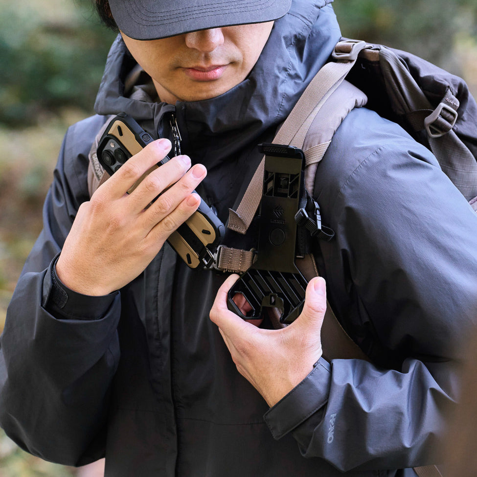 beige iphone case with one snap mount in use | durable hiking phone case