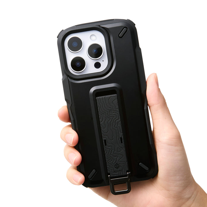 beige rugged bumper iphone 16 pro case and one snap stand mount | NESTOUT Phone Case