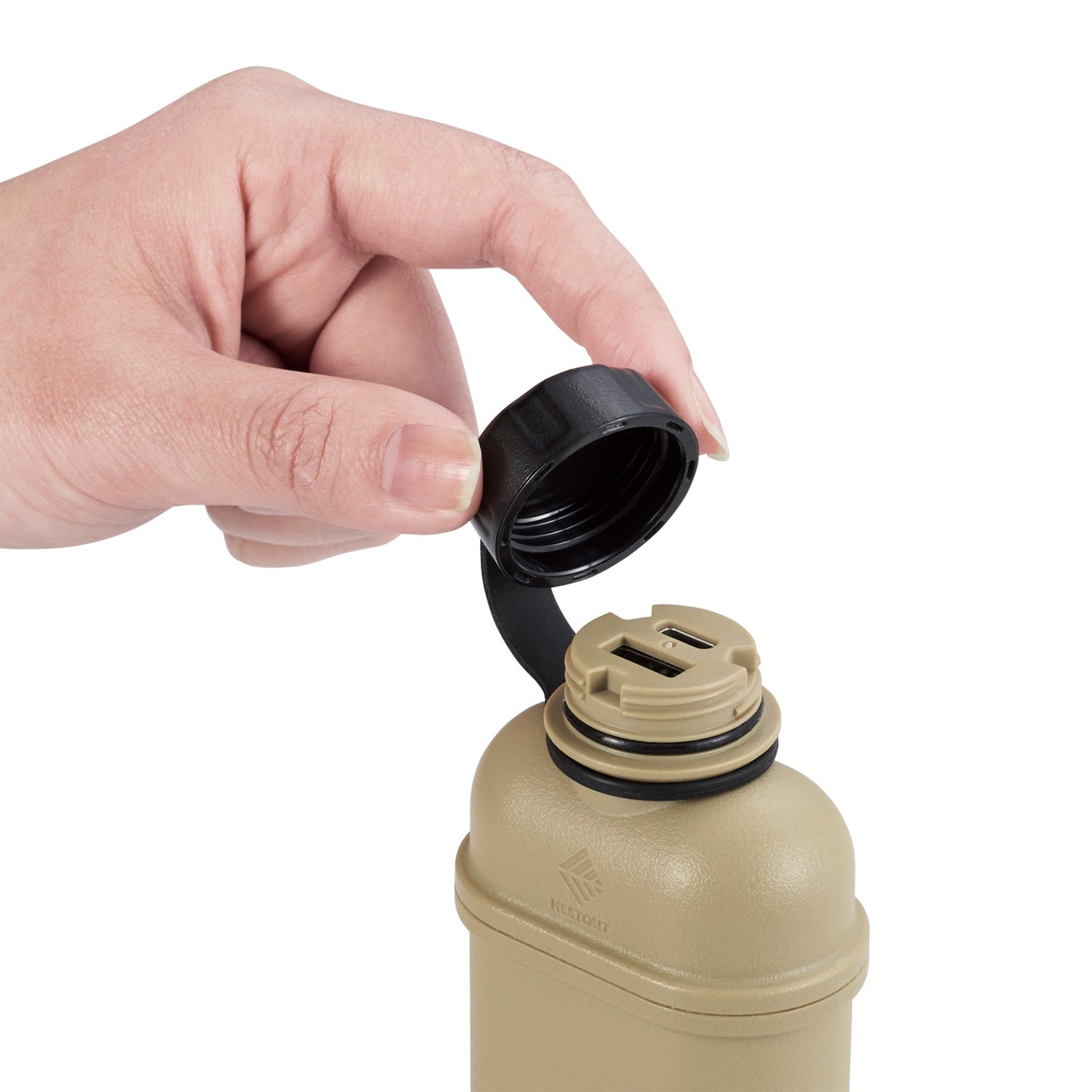 Hand opening black cap of beige colored 10000mAh battery pack, revealing USB-A and USB-C charging ports 