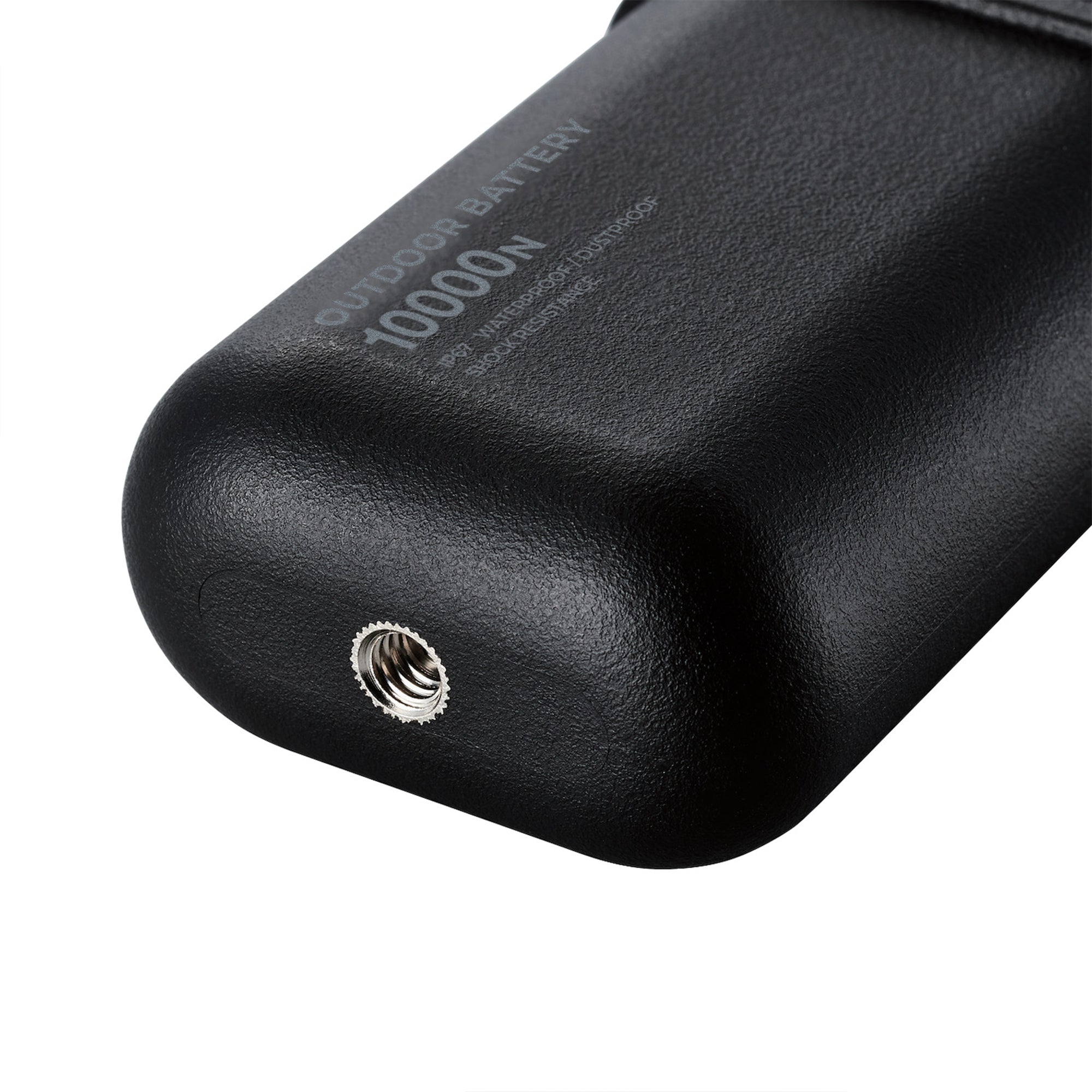image of the bottom thread of black colored cylinder battery pack | Features military IP67 rating | stores up to 10000N of power | rugged waterproof design | compact size | versatile charging | to be used with NESTOUT solar panels, fans, lamps, and flashes