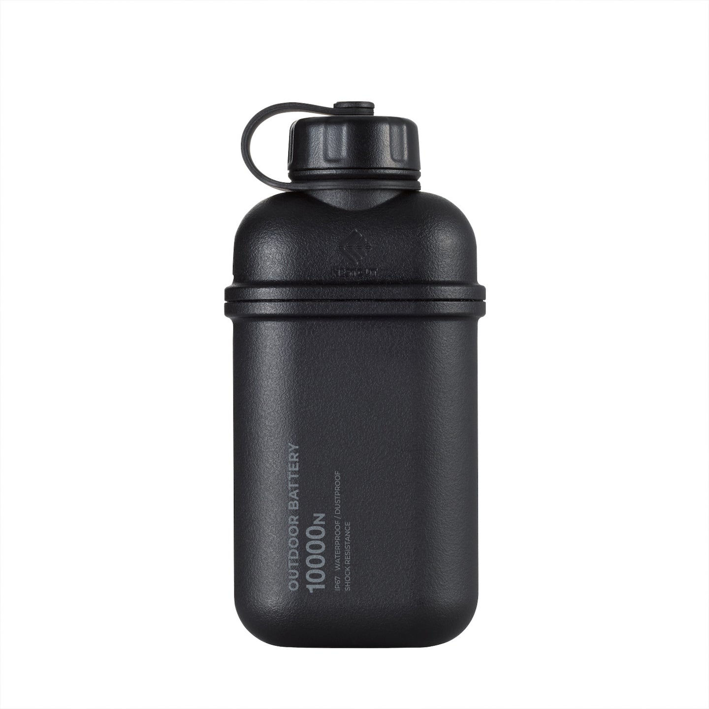 hero shot of nestout 10k black colored cylinder battery pack with military IP67 rating | stores up to 10000N of power | rugged waterproof design | compact size | versatile charging | to be used with NESTOUT solar panels, fans, lamps, and flashes