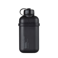 hero shot of nestout 10k black colored cylinder battery pack with military IP67 rating | stores up to 10000N of power | rugged waterproof design | compact size | versatile charging | to be used with NESTOUT solar panels, fans, lamps, and flashes