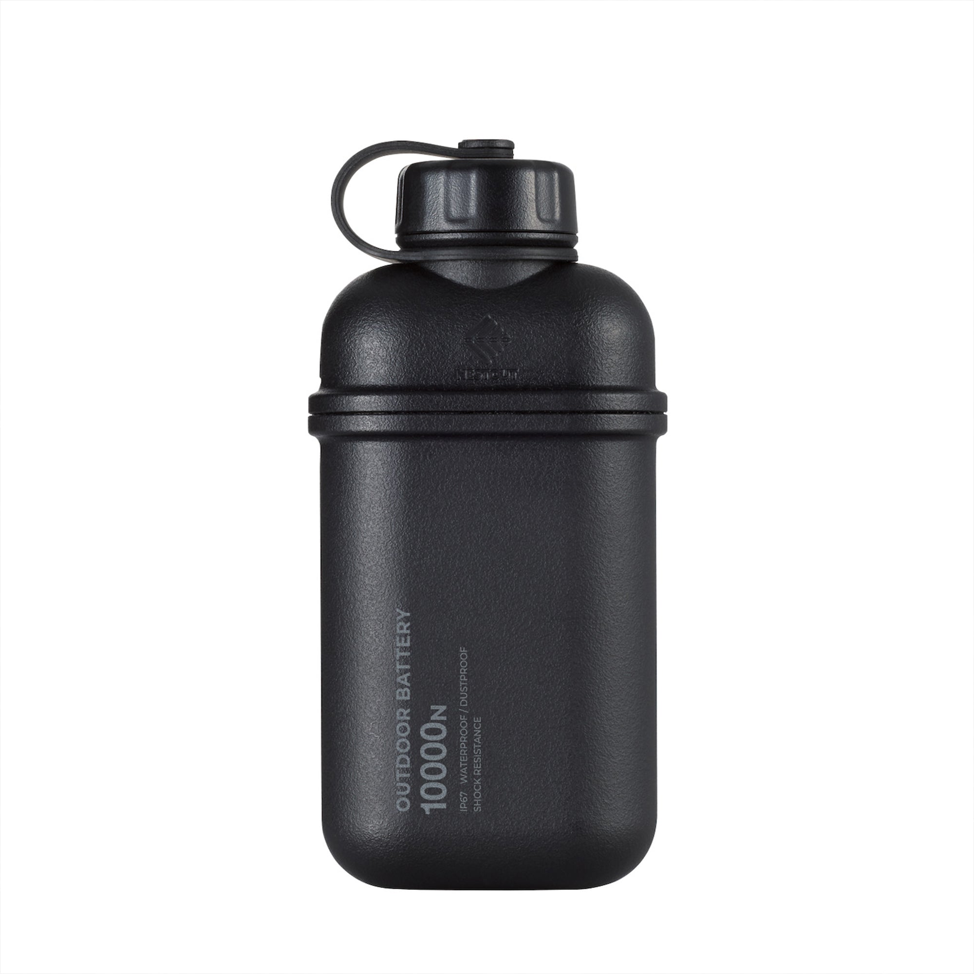 hero shot of nestout 10k black colored cylinder battery pack with military IP67 rating | stores up to 10000N of power | rugged waterproof design | compact size | versatile charging | to be used with NESTOUT solar panels, fans, lamps, and flashes