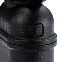 image of on and off button of black colored cylinder battery pack with military IP67 rating | stores up to 10000N of power | rugged waterproof design | compact size | versatile charging | to be used with NESTOUT solar panels, fans, lamps, and flashes