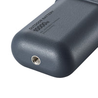 image of the bottom thread of grey colored cylinder battery pack | Features military IP67 rating | stores up to 10000N of power | rugged waterproof design | compact size | versatile charging | to be used with NESTOUT solar panels, fans, lamps, and flashes