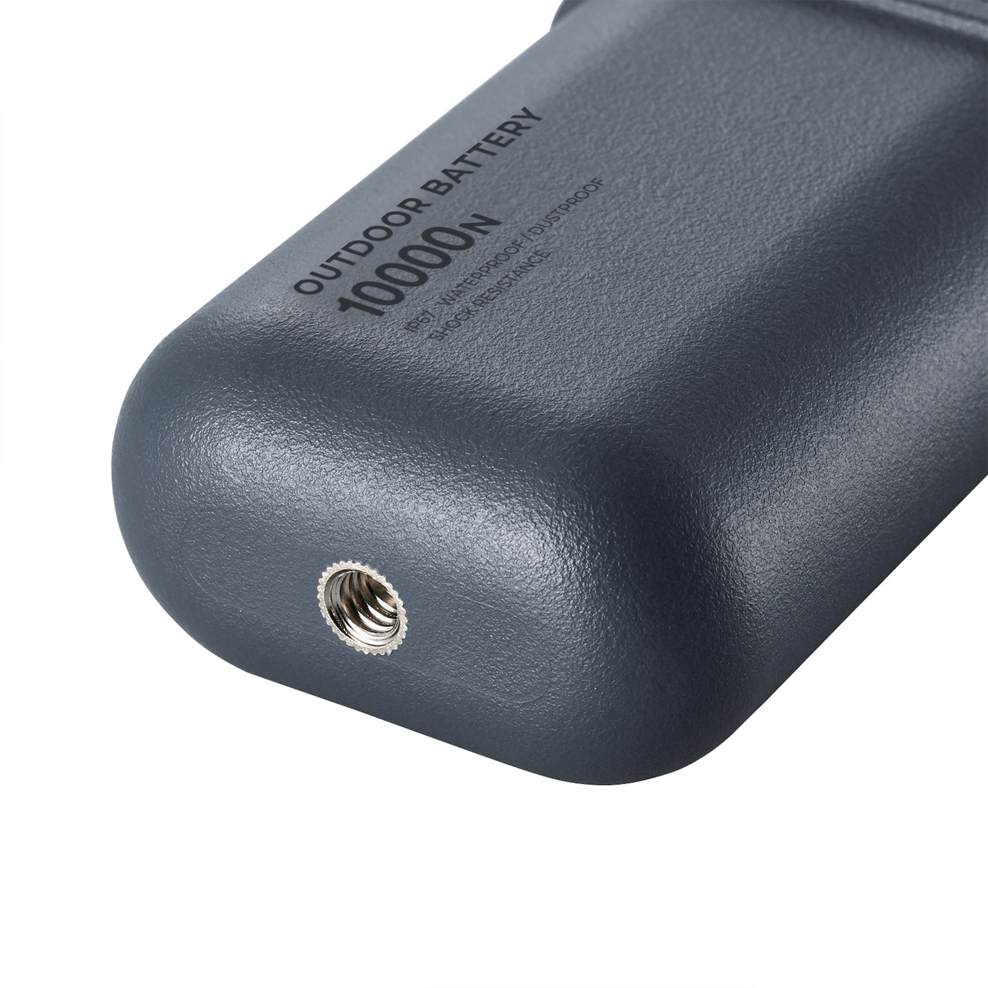 image of the bottom thread of grey colored cylinder battery pack | Features military IP67 rating | stores up to 10000N of power | rugged waterproof design | compact size | versatile charging | to be used with NESTOUT solar panels, fans, lamps, and flashes