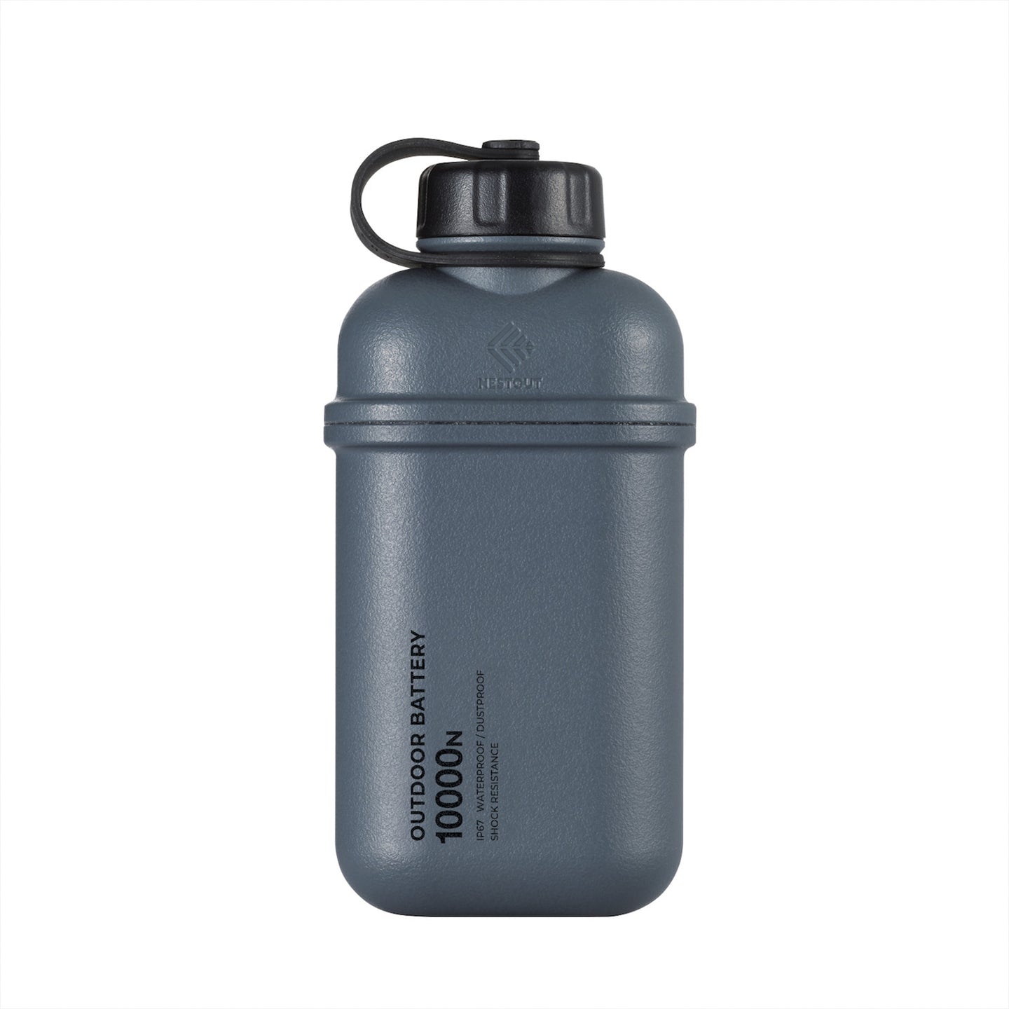 hero shot of nestout grey colored cylinder battery pack with military IP67 rating | stores up to 10000N of power | rugged waterproof design | compact size | versatile charging | to be used with NESTOUT solar panels, fans, lamps, and flashes