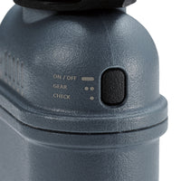 image of on and off button of grey colored cylinder battery pack with military IP67 rating | stores up to 10000N of power | rugged waterproof design | compact size | versatile charging | to be used with NESTOUT solar panels, fans, lamps, and flashes