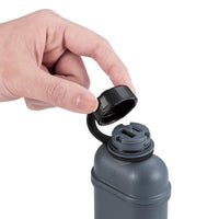 image of hand opening cap of nestout grey colored cylinder battery pack with military IP67 rating | stores up to 10000N of power | rugged waterproof design | compact size | versatile charging | to be used with NESTOUT solar panels, fans, lamps, and flashes