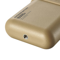 Bottom threaded connector on the beige 15000mAh power bank, used to attach lamp and fan accessories