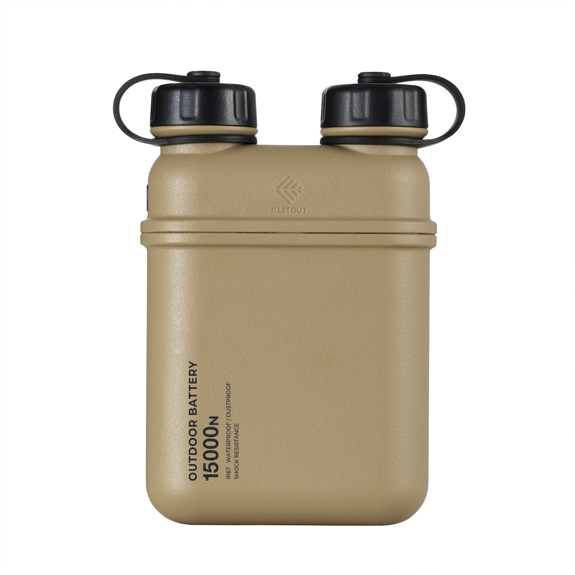 NESTOUT beige 15000mAh battery pack with three charging ports and IP67 waterproof and dustproof rating