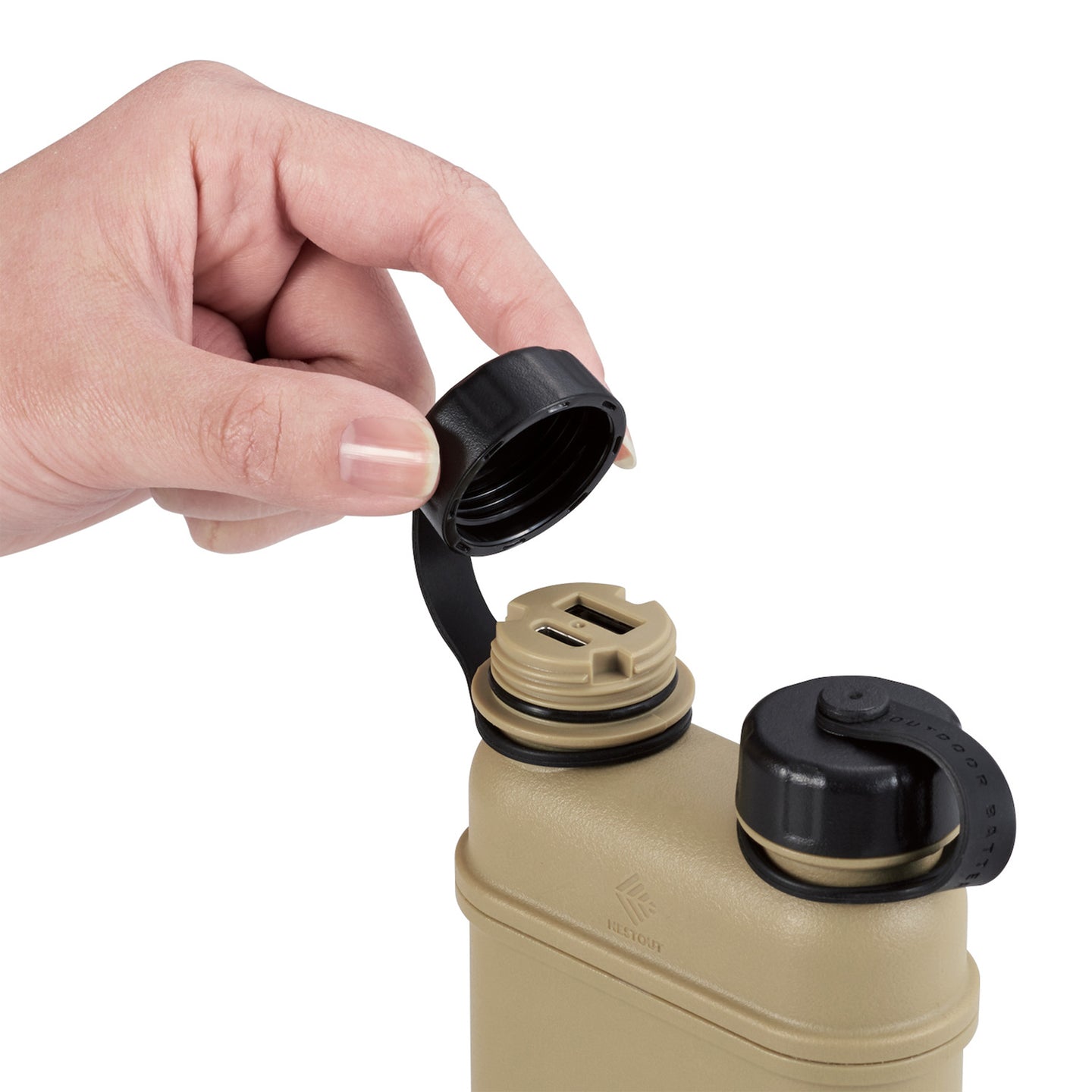 Hand opening left port cap of the beige 15000mAh power bank to reveal one USB-A and one USB-C charging port