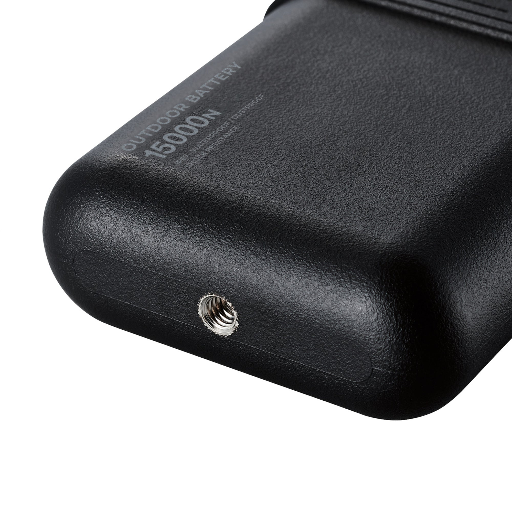 image of the bottom thread of 15k black colored cylinder battery pack | Features military IP67 rating | stores up to 15000N of power | rugged waterproof design | compact size | versatile charging | to be used with NESTOUT solar panels, fans, lamps, and flashes
