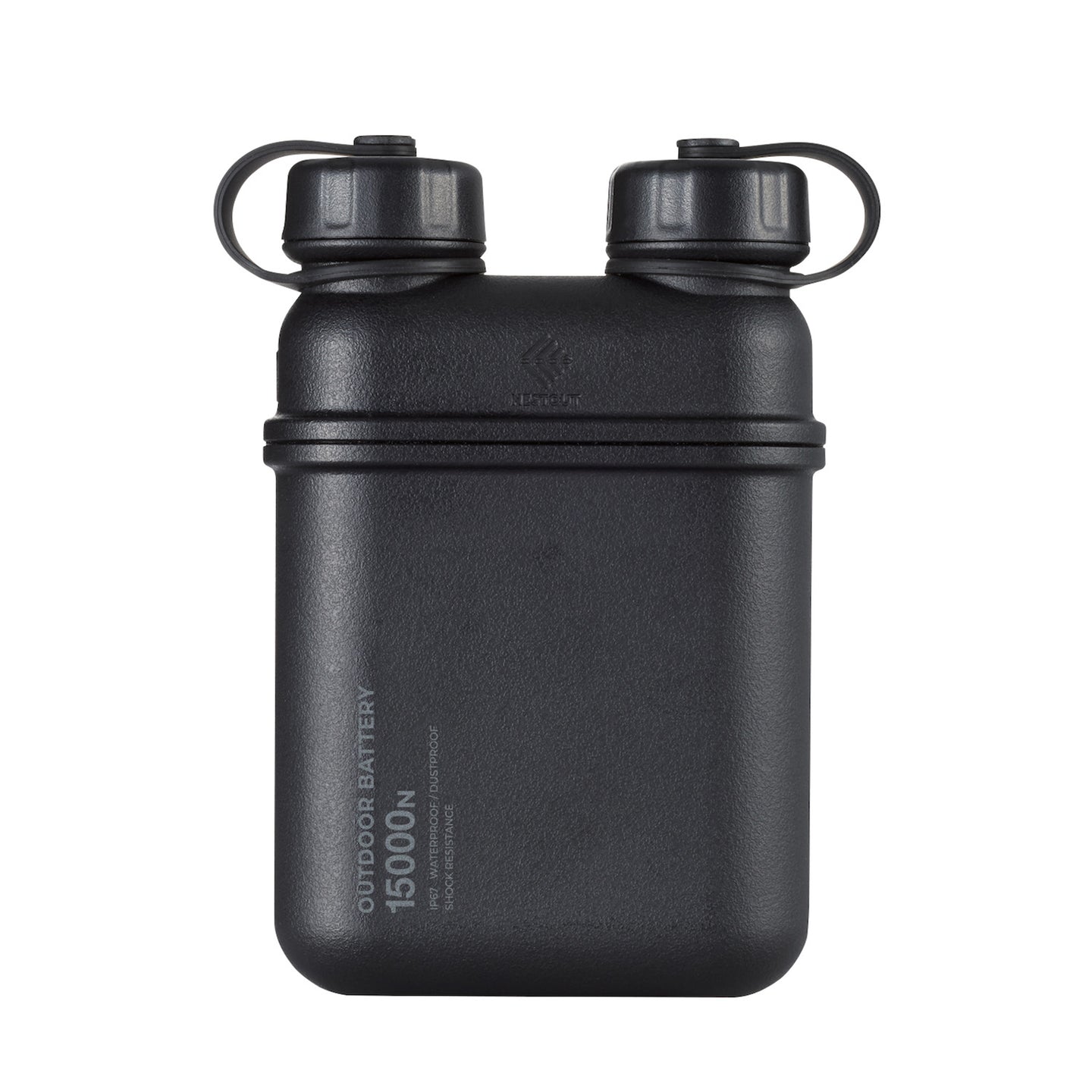 hero shot of nestout 15k black colored cylinder battery pack with military IP67 rating | stores up to 15000N of power | rugged waterproof design | compact size | versatile charging | to be used with NESTOUT solar panels, fans, lamps, and flashes