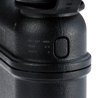 image of on and off button of 15k black colored cylinder battery pack with military IP67 rating | stores up to 15000N of power | rugged waterproof design | compact size | versatile charging | to be used with NESTOUT solar panels, fans, lamps, and flashes