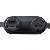 image of usb connections of nestout 15k black colored cylinder battery pack with military IP67 rating | stores up to 15000N of power | rugged waterproof design | compact size | versatile charging | to be used with NESTOUT solar panels, fans, lamps, and flashes