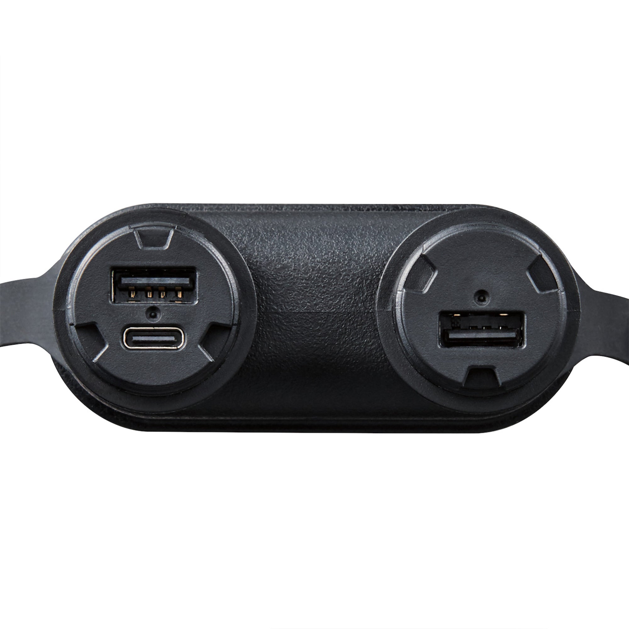 image of usb connections of nestout 15k black colored cylinder battery pack with military IP67 rating | stores up to 15000N of power | rugged waterproof design | compact size | versatile charging | to be used with NESTOUT solar panels, fans, lamps, and flashes