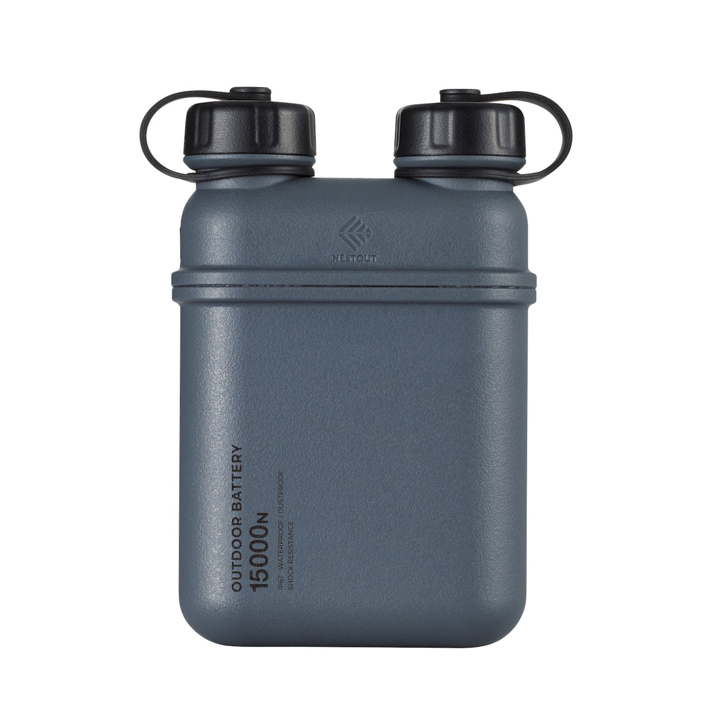 hero shot of nestout 15k grey colored cylinder battery pack with military IP67 rating | stores up to 15000N of power | rugged waterproof design | compact size | versatile charging | to be used with NESTOUT solar panels, fans, lamps, and flashes