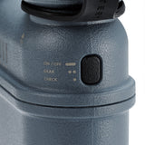 image of on and off button of 15k grey colored cylinder battery pack with military IP67 rating | stores up to 15000N of power | rugged waterproof design | compact size | versatile charging | to be used with NESTOUT solar panels, fans, lamps, and flashes