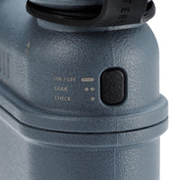image of on and off button of 15k grey colored cylinder battery pack with military IP67 rating | stores up to 15000N of power | rugged waterproof design | compact size | versatile charging | to be used with NESTOUT solar panels, fans, lamps, and flashes