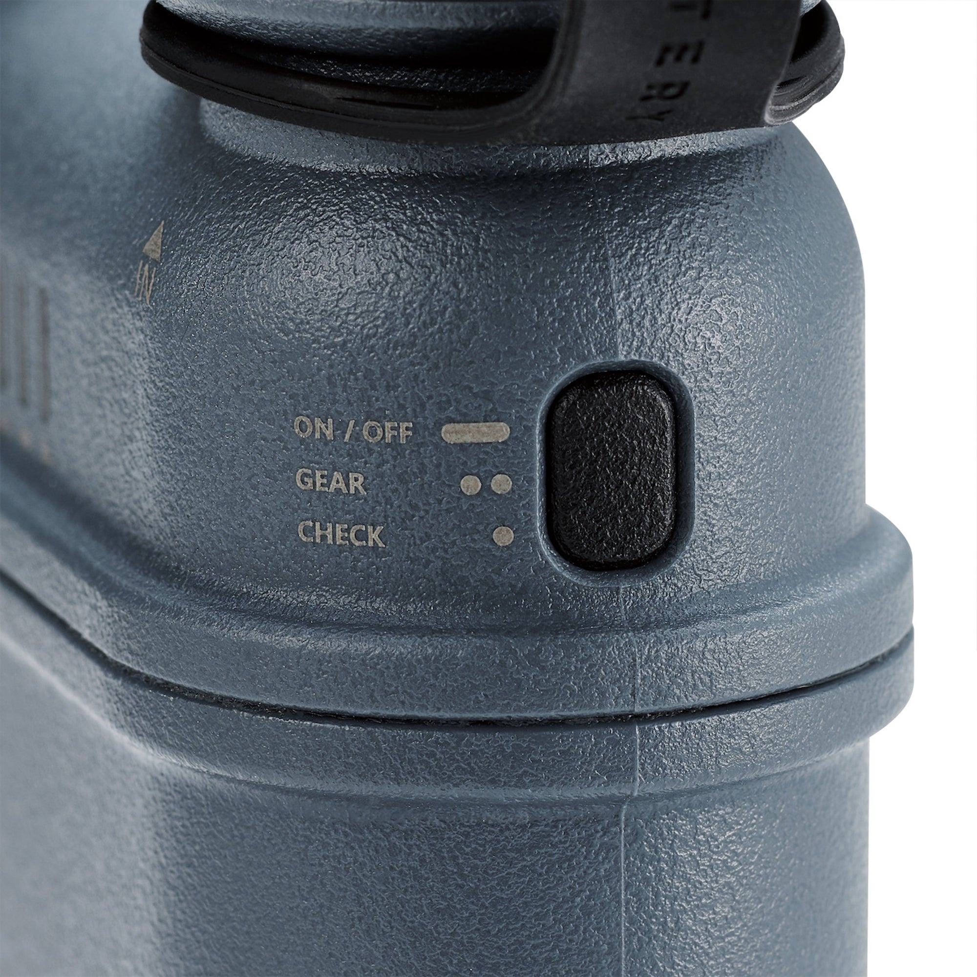 image of on and off button of 15k grey colored cylinder battery pack with military IP67 rating | stores up to 15000N of power | rugged waterproof design | compact size | versatile charging | to be used with NESTOUT solar panels, fans, lamps, and flashes