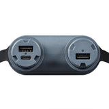 image of usb connections of nestout 15k grey colored cylinder battery pack with military IP67 rating | stores up to 15000N of power | rugged waterproof design | compact size | versatile charging | to be used with NESTOUT solar panels, fans, lamps, and flashes