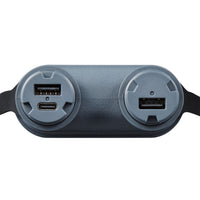 image of usb connections of nestout 15k grey colored cylinder battery pack with military IP67 rating | stores up to 15000N of power | rugged waterproof design | compact size | versatile charging | to be used with NESTOUT solar panels, fans, lamps, and flashes