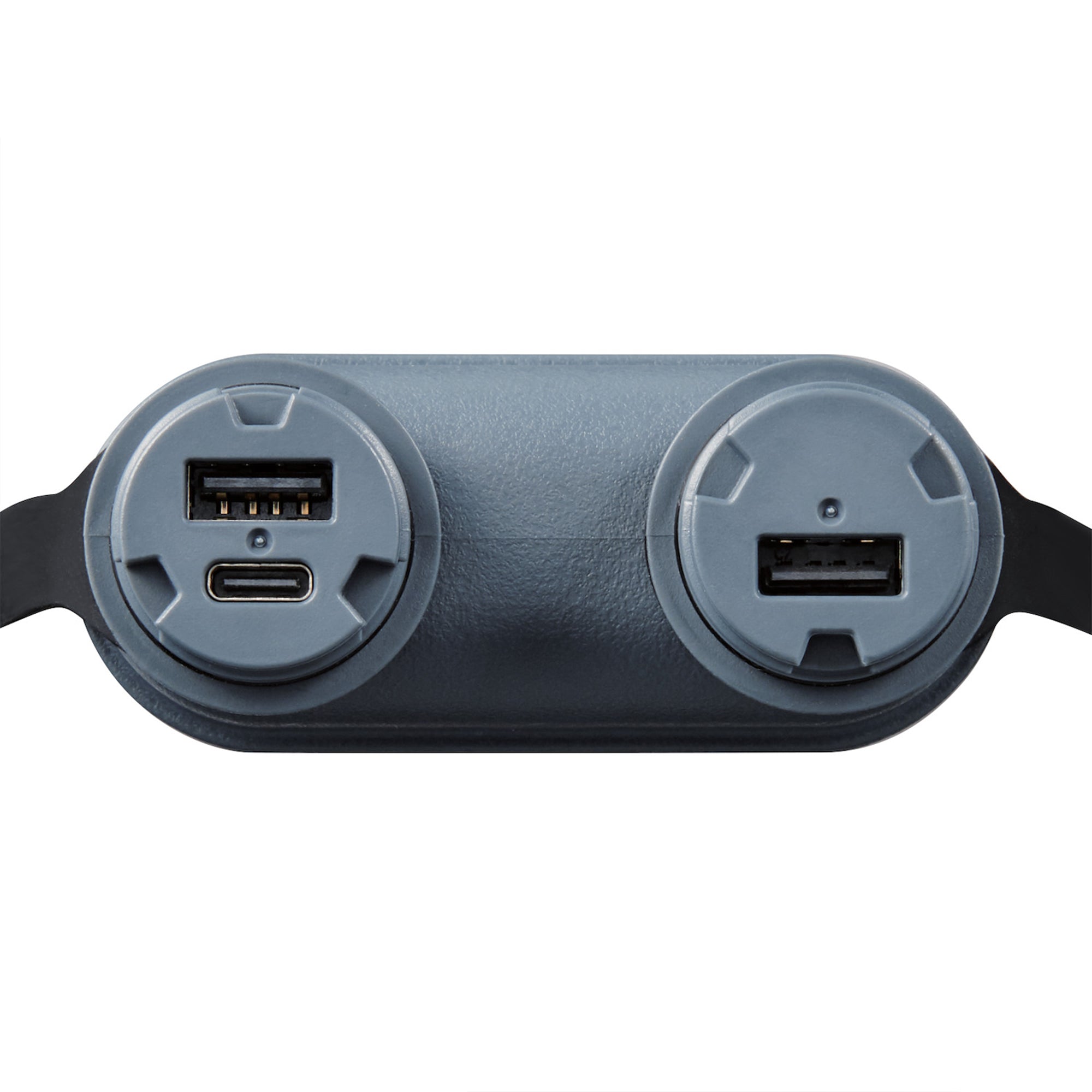 image of usb connections of nestout 15k grey colored cylinder battery pack with military IP67 rating | stores up to 15000N of power | rugged waterproof design | compact size | versatile charging | to be used with NESTOUT solar panels, fans, lamps, and flashes