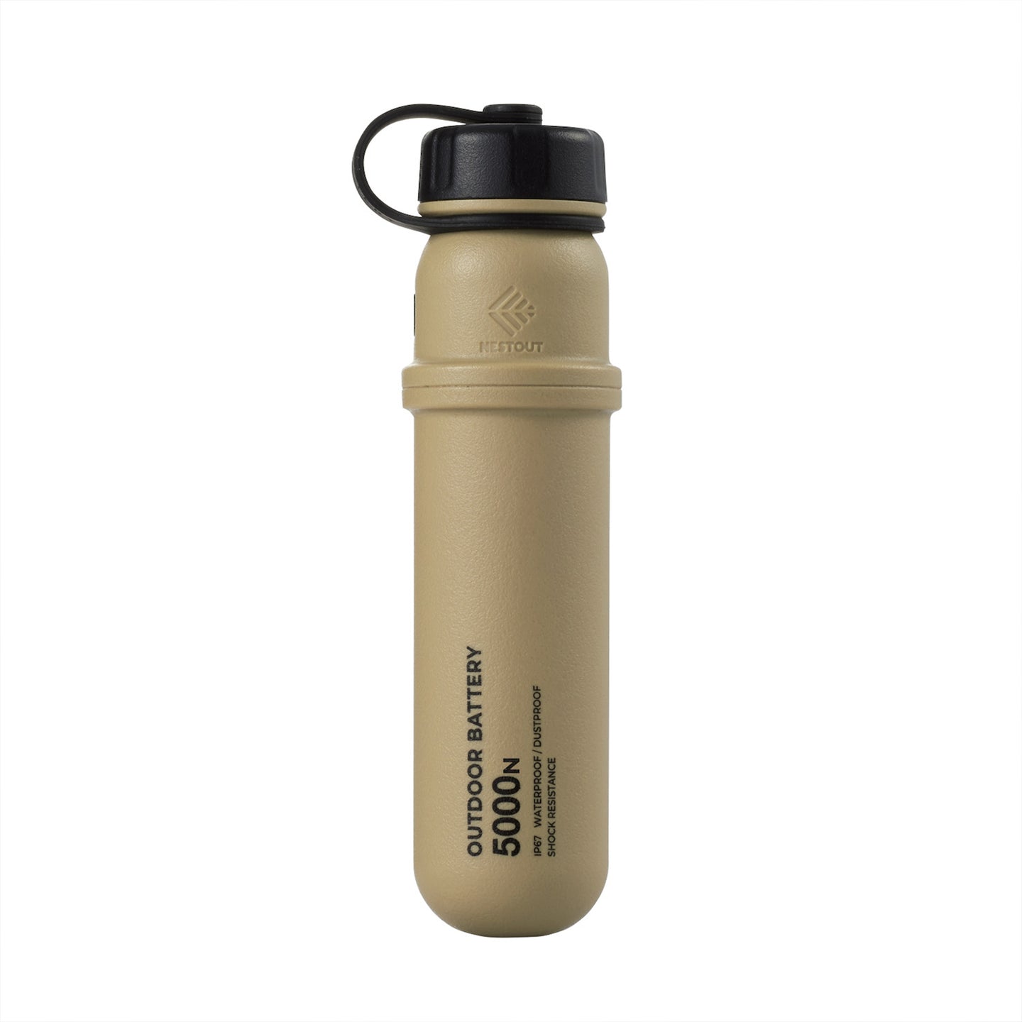 hero shot of nestout beige colored cylinder battery pack with military IP67 rating | stores up to 5000N of power | rugged waterproof design | compact size | versatile charging | to be used with NESTOUT solar panels, fans, lamps, and flashes