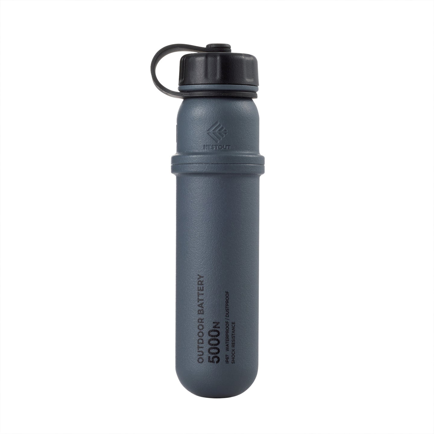 hero shot of nestout 5k grey colored cylinder battery pack with military IP67 rating | stores up to 5000N of power | rugged waterproof design | compact size | versatile charging | to be used with NESTOUT solar panels, fans, lamps, and flashes