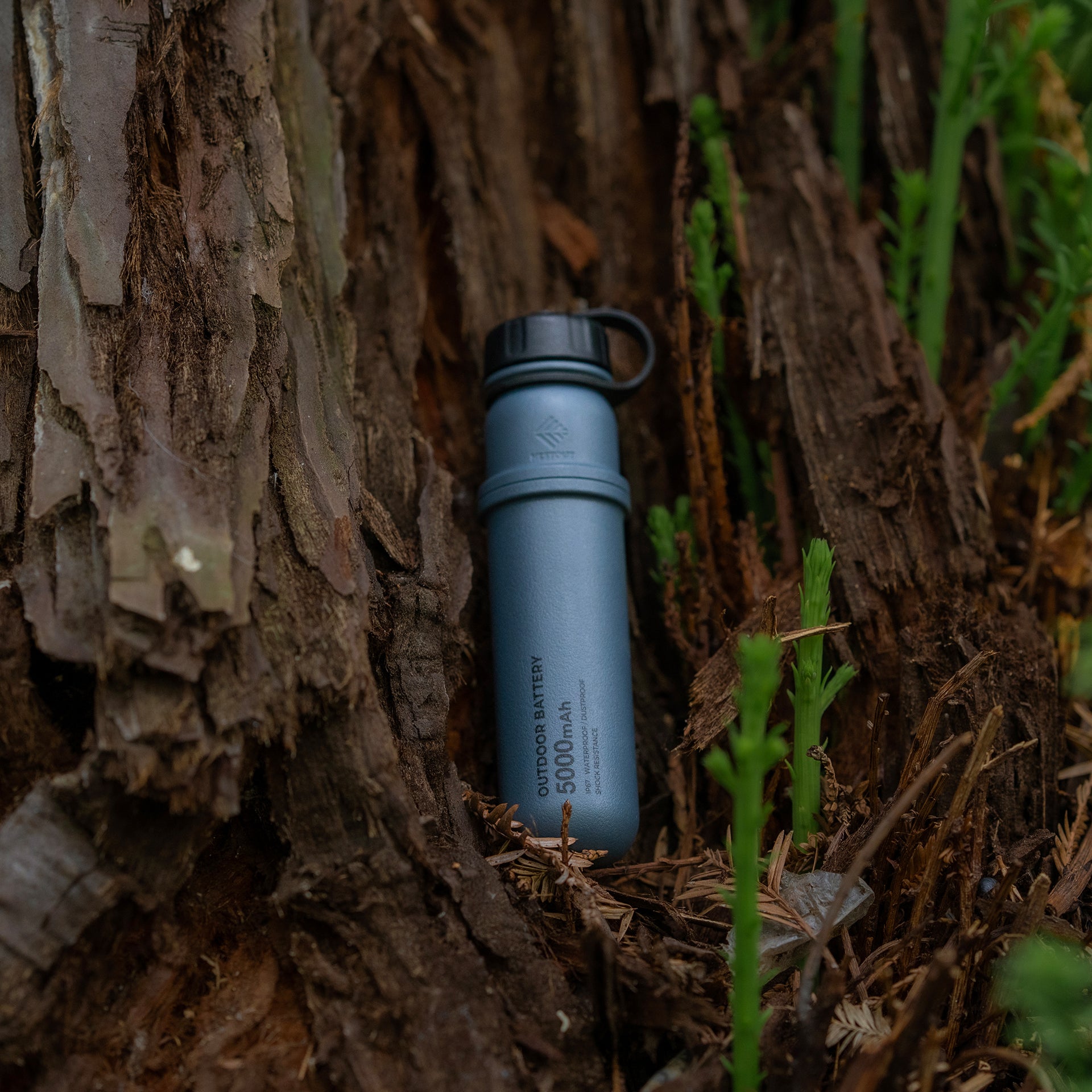Image of nestout 5k grey colored cylinder battery pack resting on a tree | features military IP67 rating | stores up to 5000N of power | rugged waterproof design | compact size | versatile charging | to be used with NESTOUT solar panels, fans, lamps, and flashes