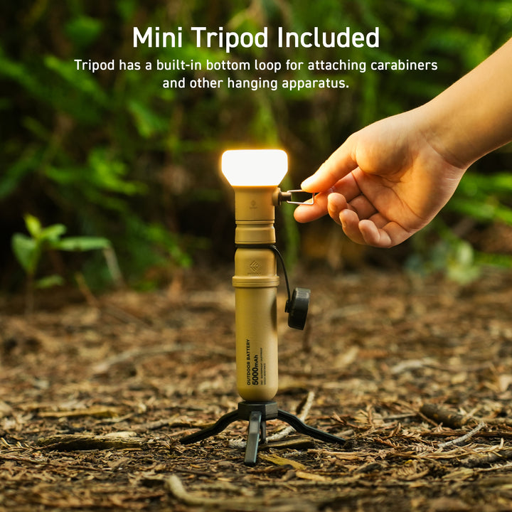 lamp comes with tripod, tripod comes with a bottom hook for use with carabiners