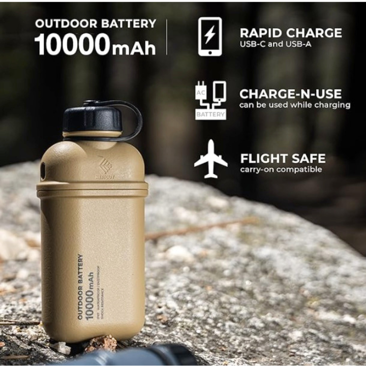 this outdoor portable power bank is perfect for travelers, hikers, campers, and outdoorsmen. featuring 10000mah with usb-c and usb-a ports to charge your devices - it's also carry-on safe for flight