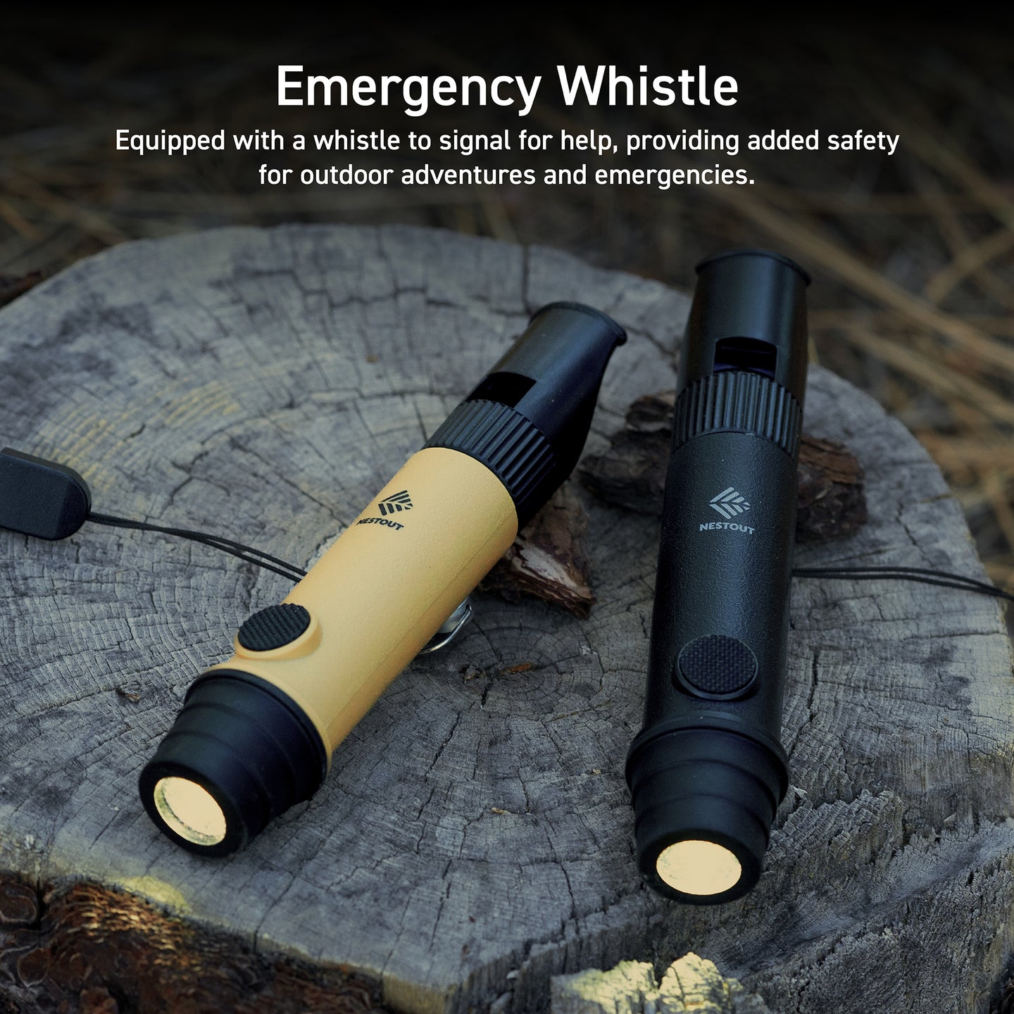 2 whistle lights, one beige and one black on a sawed off tree stump in the woods - overlay text reads: Emergency Whistle: equipped with a whistle to signal for help, providing added safety for outdoor adventures and emergencies