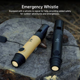2 whistle lights, one beige and one black on a sawed off tree stump in the woods - overlay text reads: Emergency Whistle: equipped with a whistle to signal for help, providing added safety for outdoor adventures and emergencies