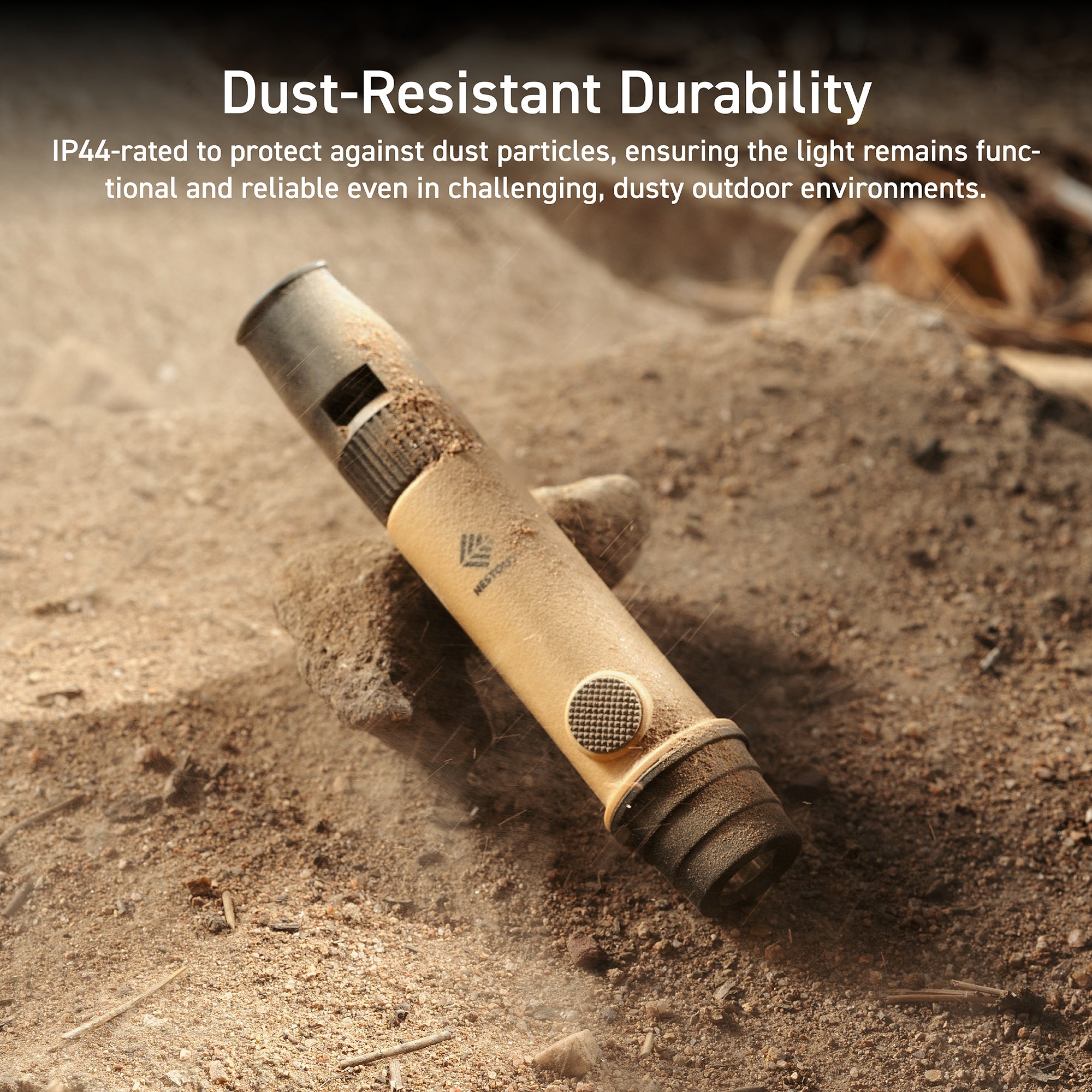 beige and black whistle light with dust particles all over, shown in a dusty tan outdoor environment | text overlay reads: dust-resistant durability: IP44-rated to protect against dust particles, ensuring the light remains functional and reliable even in challenging, dusty outdoor environments