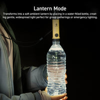 beige and black whistle light is shown attached to the spout of a 16.9 ounce clear plastic water bottle to act as a lantern | makeshift lantern is held by a person wearing a grey jacket in the dark | emergency lighting options