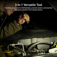 man wearing an olive green jacket, looking into the hood of a car using the NESTOUT whistle light as a flash light | overlay text reads: 3-in-1 versatile tool: functions as a powerful LED flashlight, practical lantern, and essential emergency whistle in one compact device