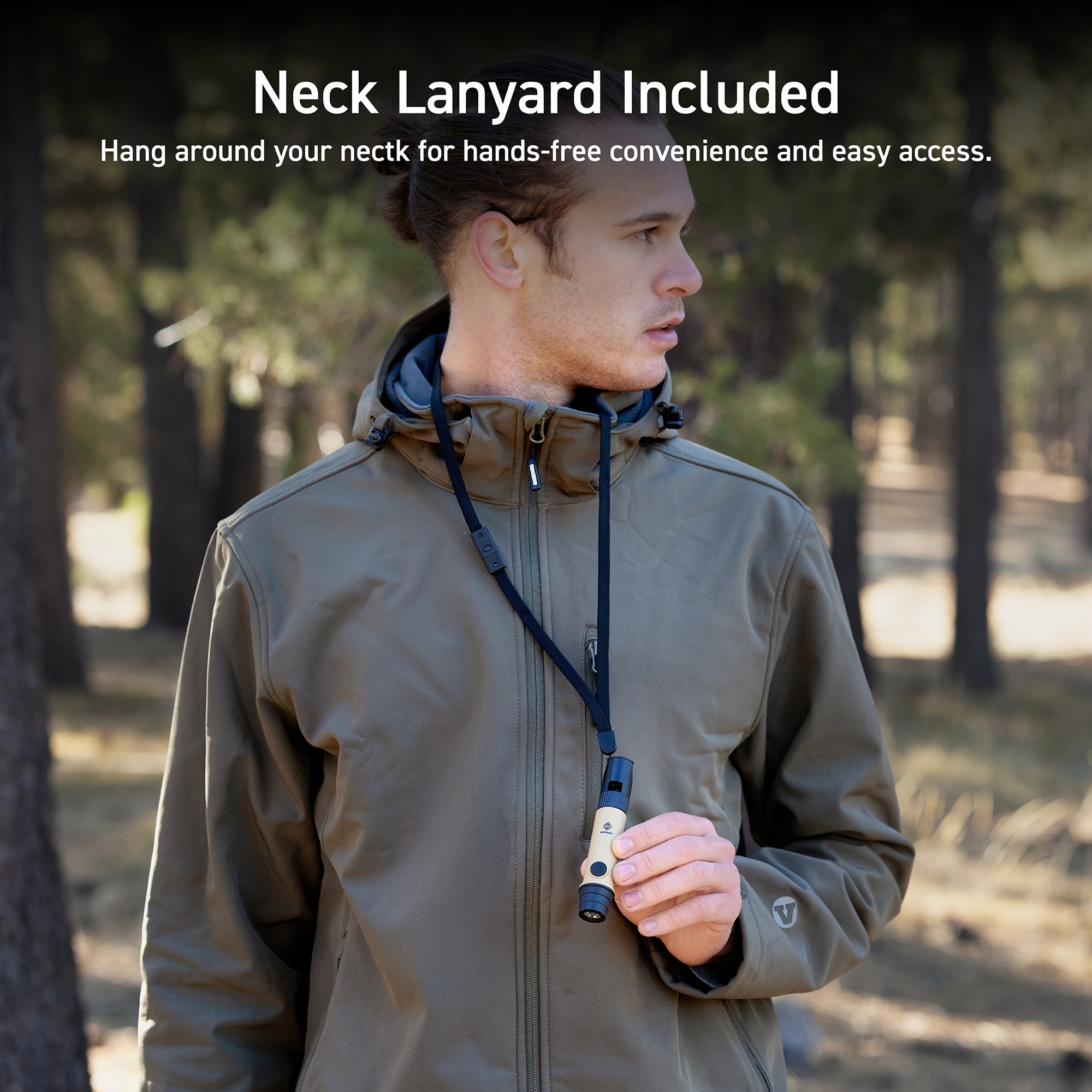 man with bun wearing olive green jacket looks over his left shoulder. He is holding a beige and black whistle light which is also attached by a lanyard around his neck | overlay text reads: neck lanyard included: hang around your nectk for hands-free convenience and easy access