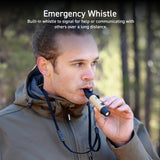man wearing olive green jacket uses the whistle accessory | overlay text reads: emergency whistle: built-in whistle to signal for help or communicating with others over a long distance 