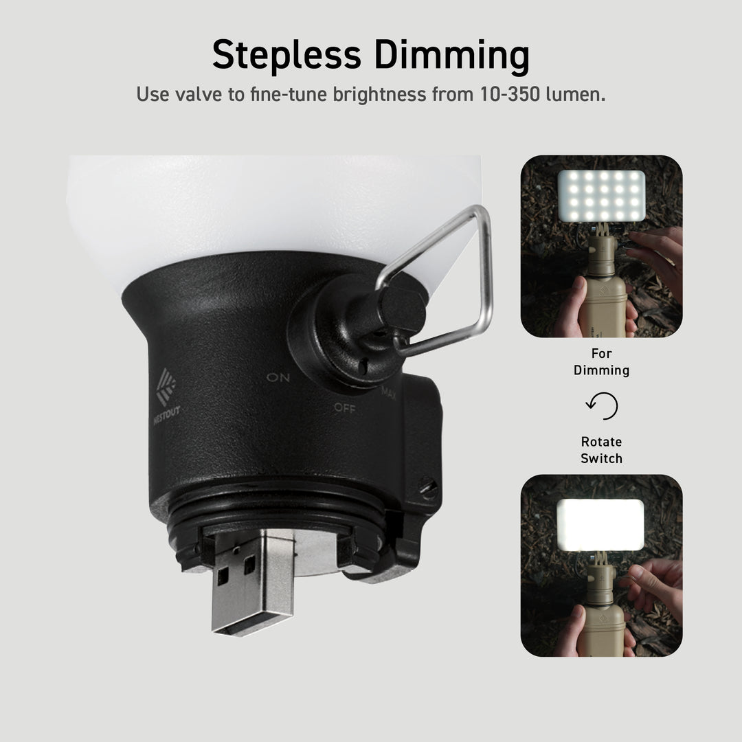 stepless dimming, tune brightness from 10-350 lumens by rotating the switch