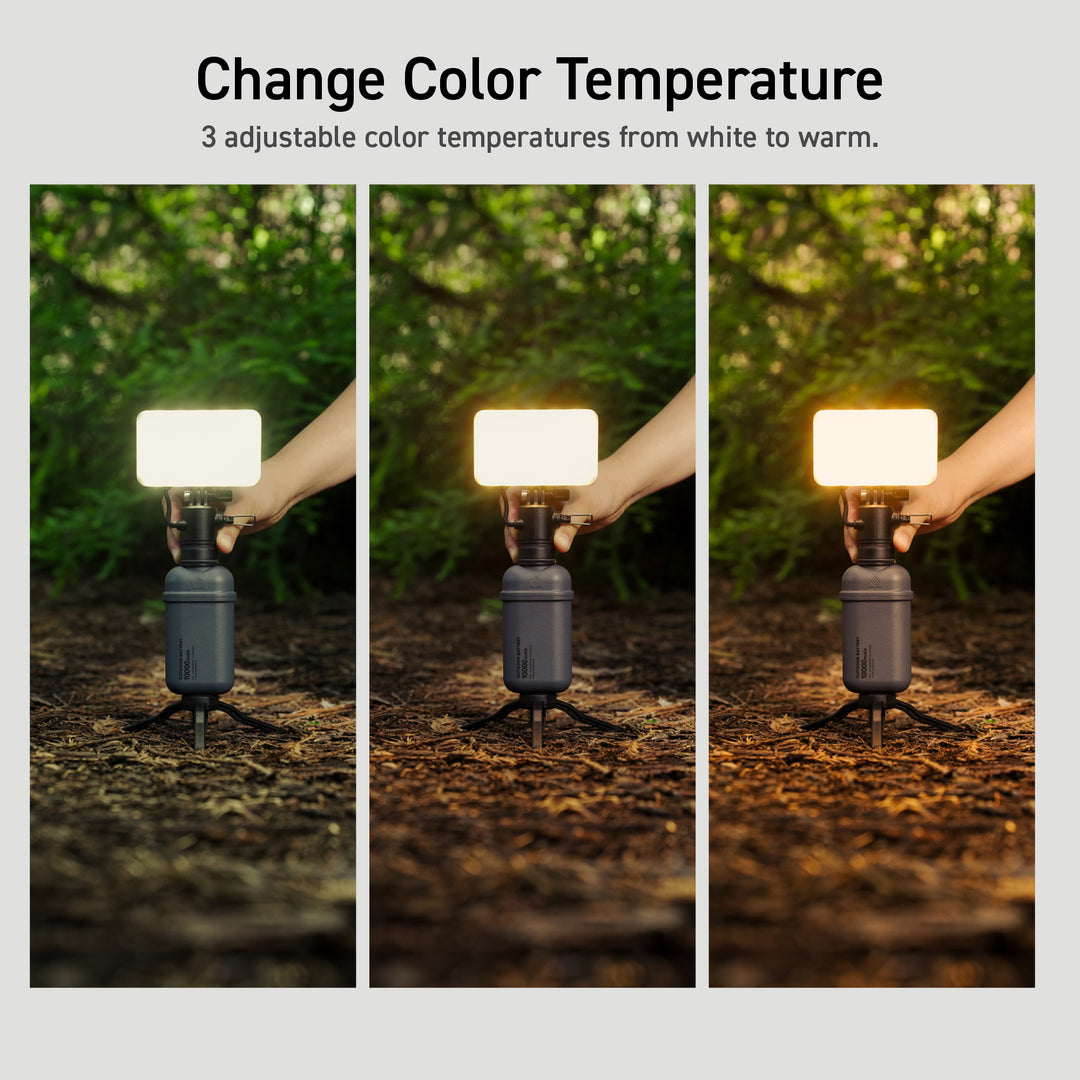 collage graphic showing dimming and adjustable color features of rugged flashlight accessory | text reads: STEPLESS DIMMING fine tune the perfect brightness | ADJUSTABLE COLOR 3 colors from warm to cool | white daylight | daylight | bulb | NESTOUT USA